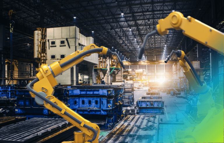 Two large yellow industrial robotic arms on a dark factory floor, with a bright light flare in the background highlighting heavy machinery.
