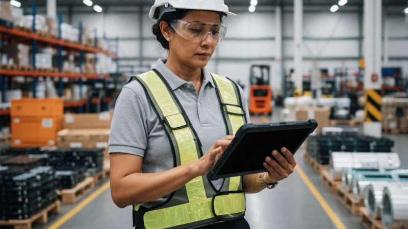 Women with safety vest, helmet and goggles looking at a tablet in a production facility