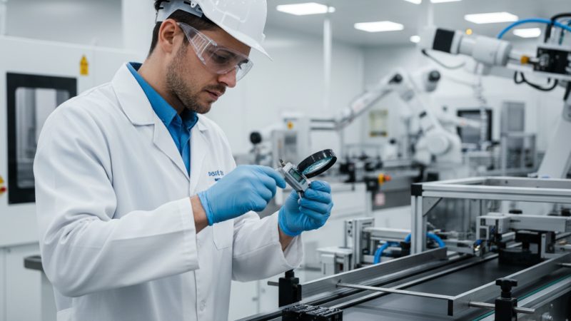 Man in lab coat inspecting the quality of a newly produced piece in production line