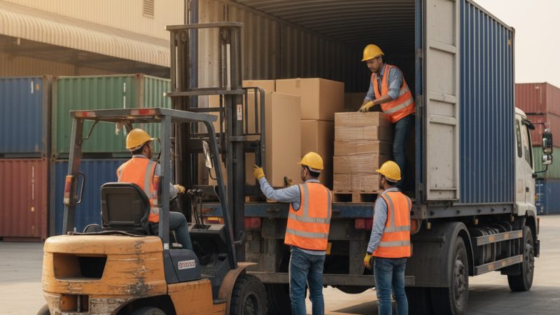 Group of workers loading boxes on a truck